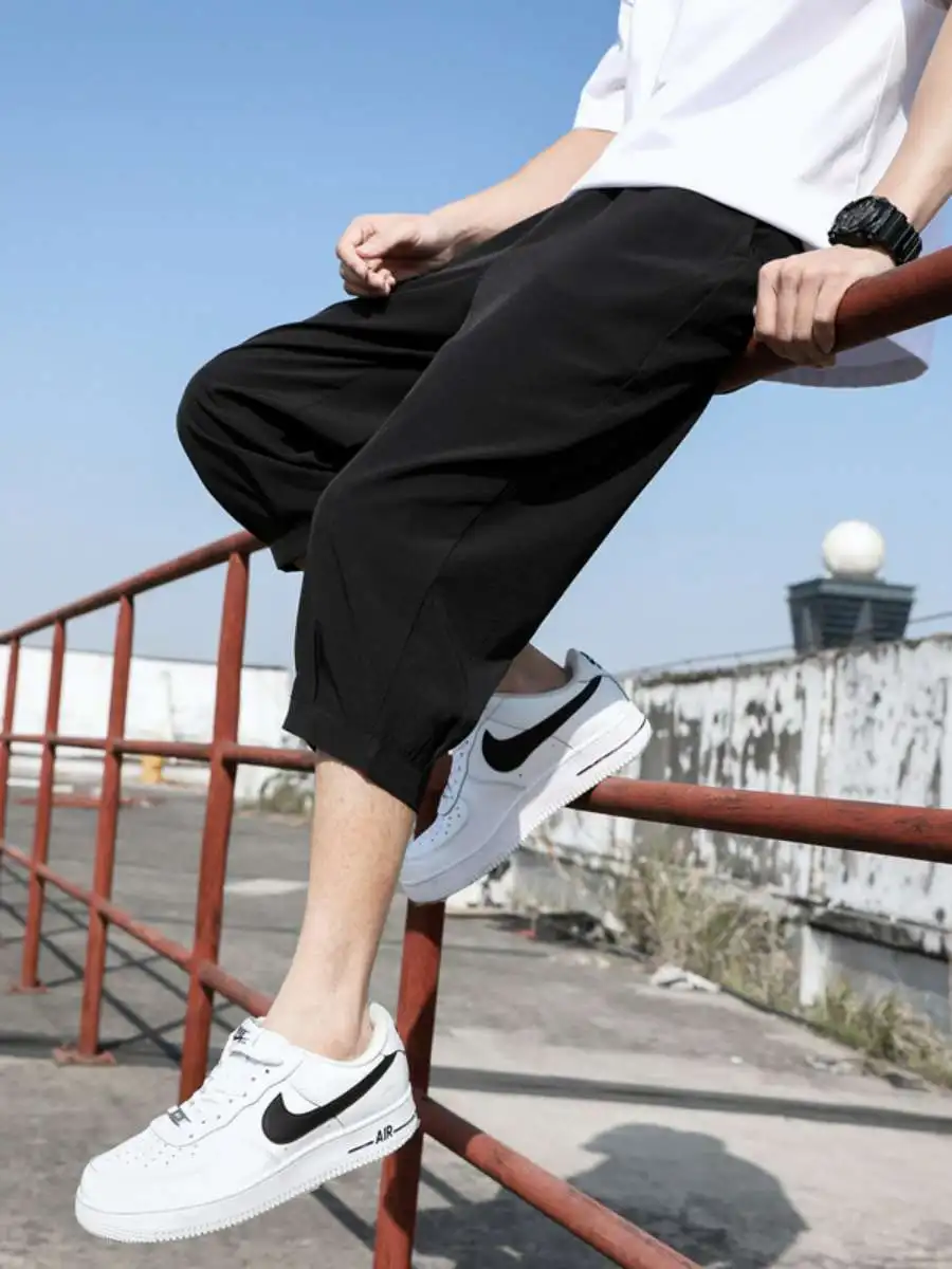 

Men's Ice Silk Seven-Foot Pants Summer Spor Straight Leg Casual High Waist Thin Material Trendy High Waist orts