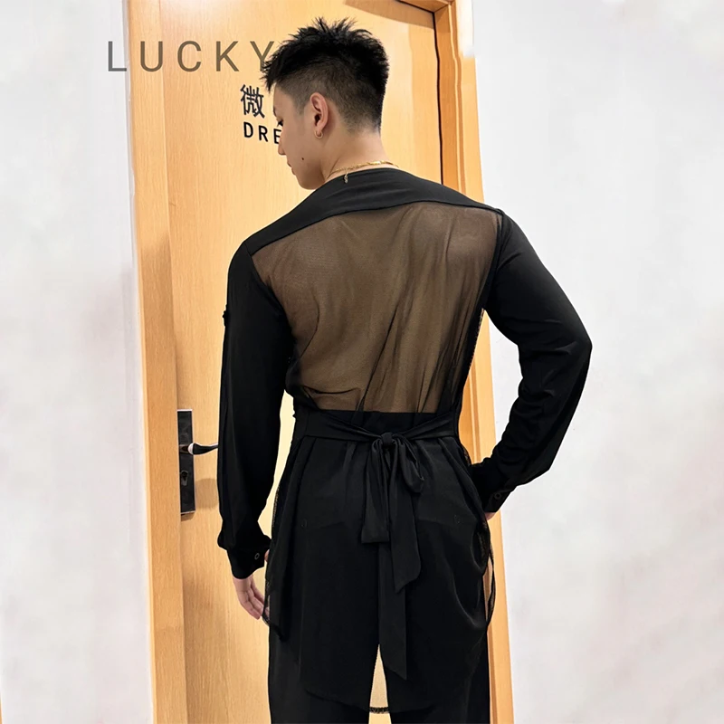 Baru Pria Latin atasan dansa hitam lengan panjang kemeja Mesh Backless Cardigan Cha Cha Rumba Salsa kinerja tari DNV21301