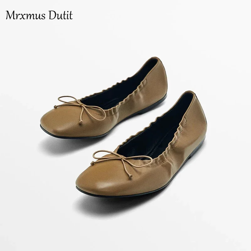 Mrxmus Dutit Fashionable Leather Square Toe Shallow Cut Flat Shoes 2024 Summer New Brown Retro Pleated Details Flat Ballet Shoes