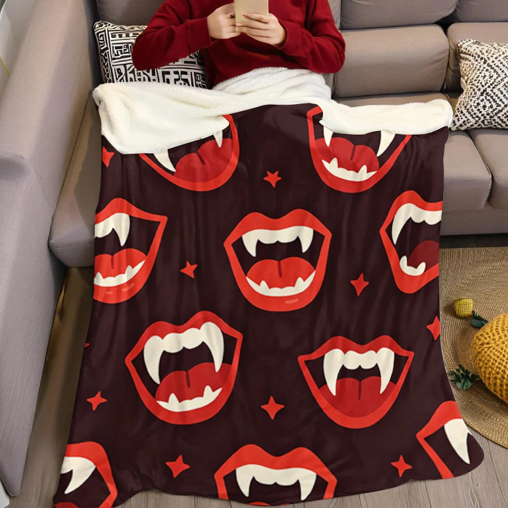 Cute Vampire Fangs Mouths Flannel Blanket Warm Soft Halloween Christmas All-Season Couch Decorative Cozy Warm Gift