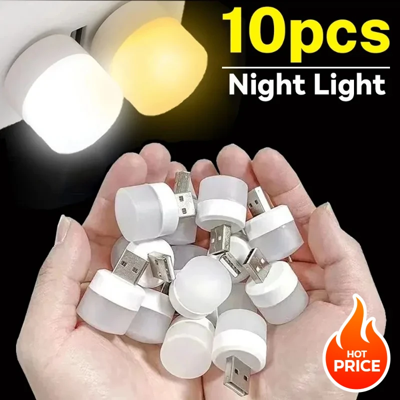 10Pcs Mini USB Night Light Warm White Eye Protection Book Reading Light USB Plug Computer Mobile Power Charging LED Night Lamp