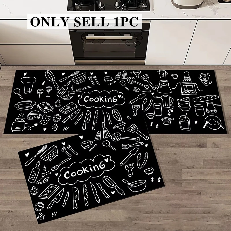 Floor Mat for Kitchen PVC Leather Waterproof Non-slip Rug Long Oil-proof Carpet Black with Tableware Pattern Home Decor Carpets