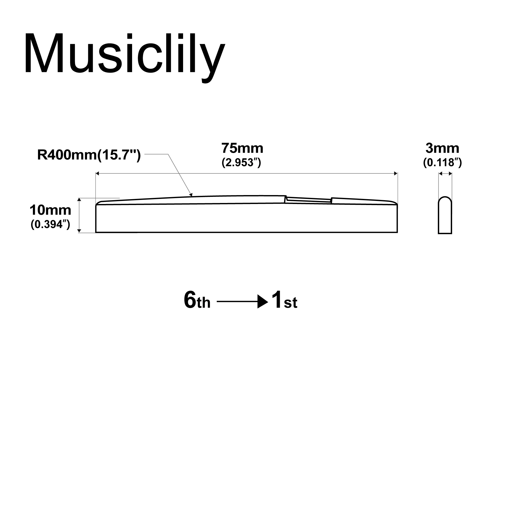 Musiclily Pro 75 x 3 x 10 mm kompensierte Knochensättel mit flachem Boden für 6-saitige Akustikgitarren der YA Style FG-Serie (2er-Set) – Detail 1