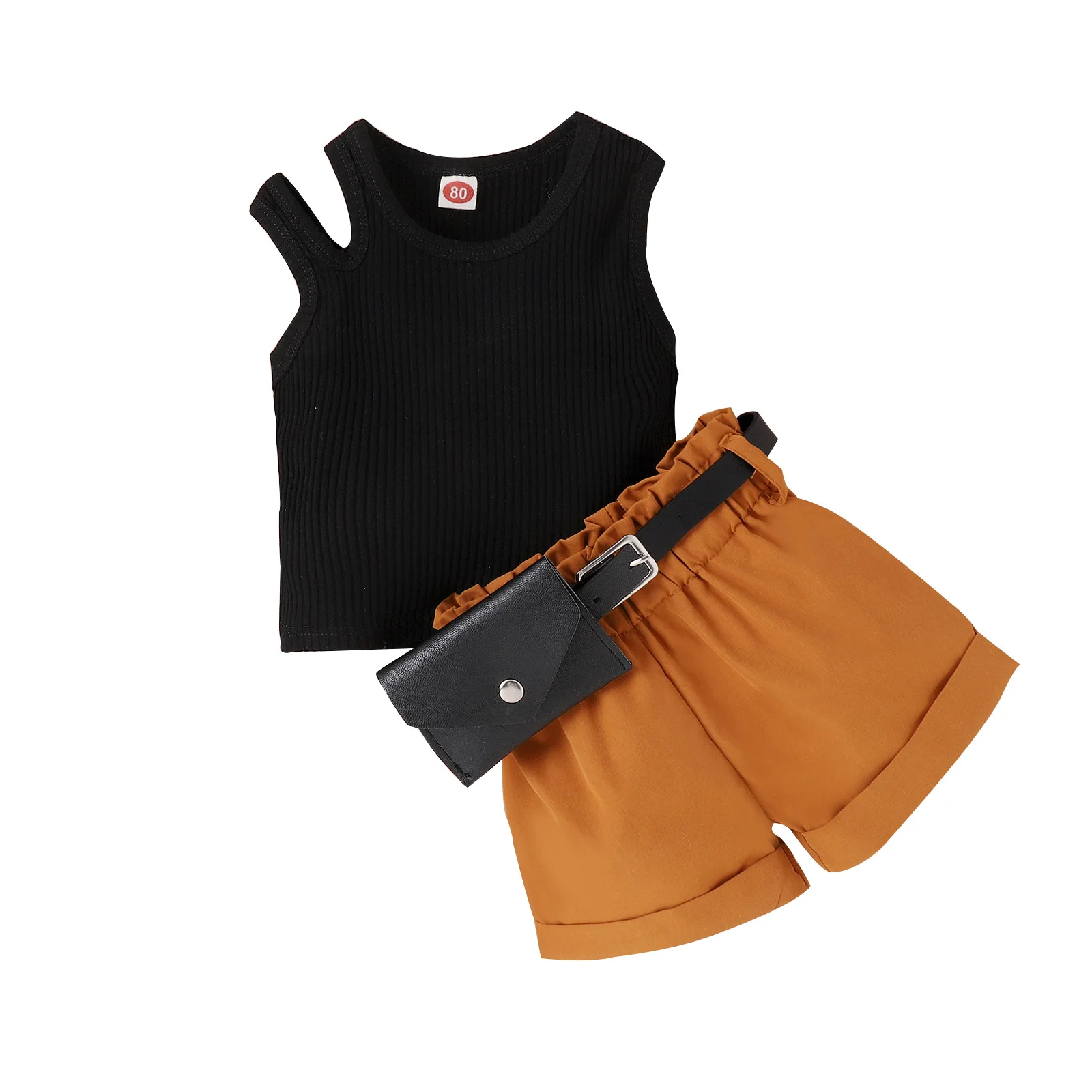 1-5Y Kids Girls Sets Sleeveless Cut Out Vest + Brown Shorts with Belt Bag Children Summer Clothing Set