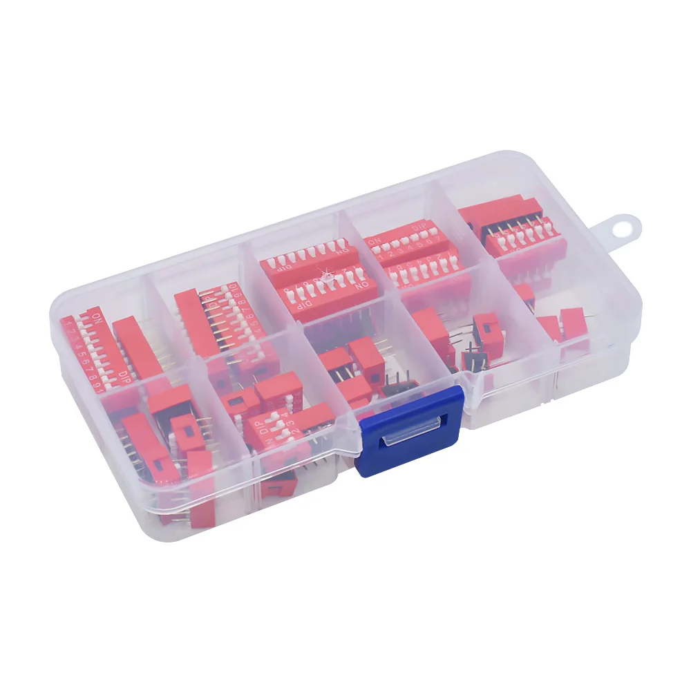 WAVGAT Dip Switch Kit In Box 1 2 3 4 5 6 7 8 10 Way 2.54mm Toggle Switch Red Snap Switches Mixed Kit Each 5PCS Combination Set