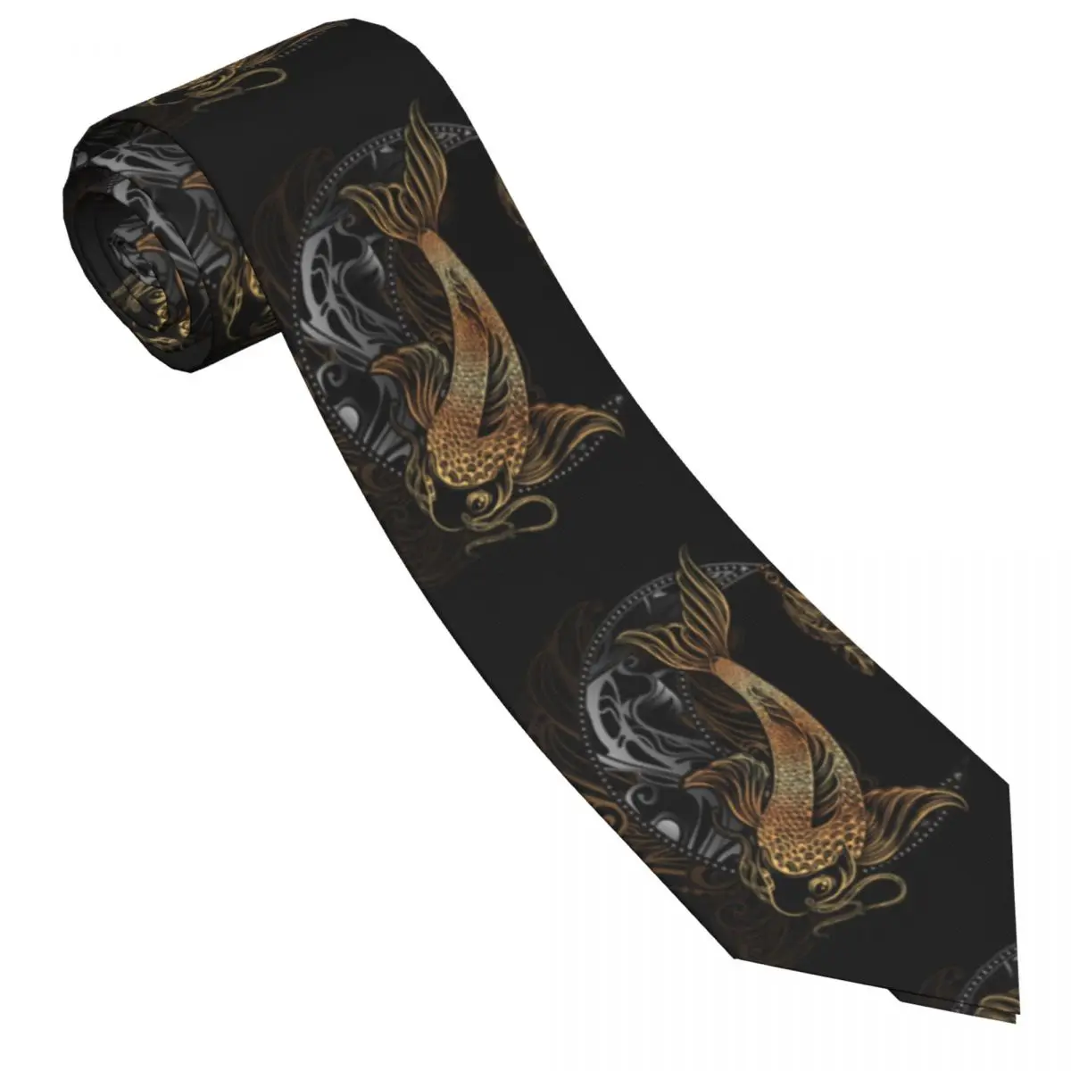 Mens Tie Slim Skinny Gold Koi Carp With Lotus And Crescent Necktie Fashion Necktie Free Style Men Tie Party Wedding