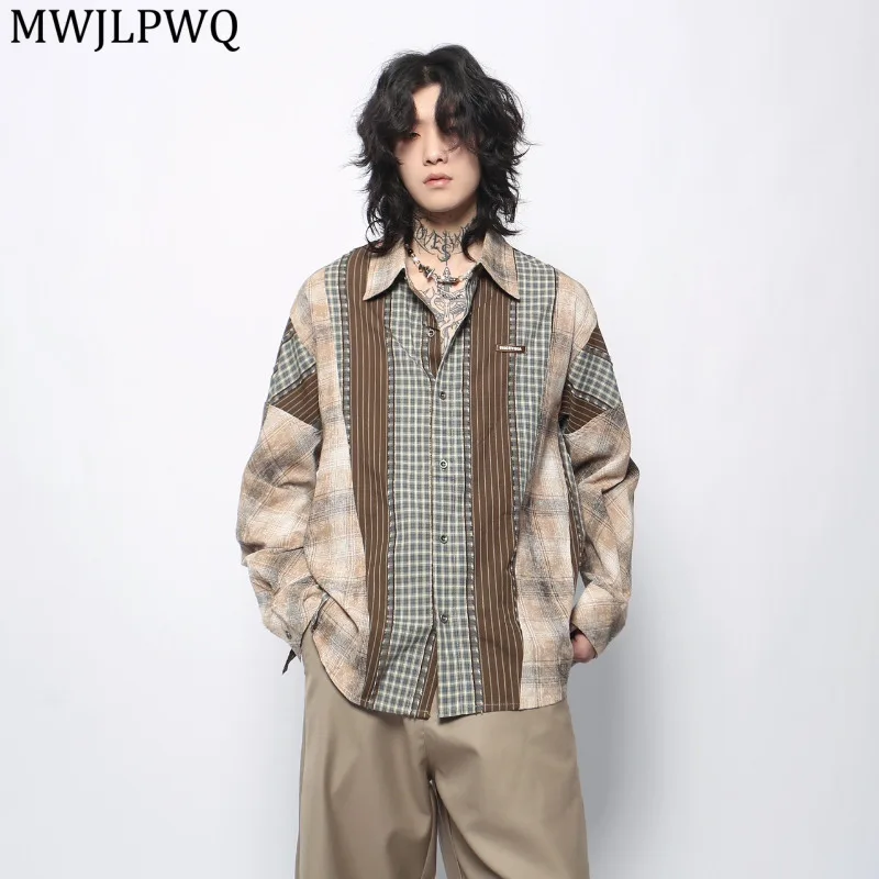 

MWJLPWQ American Elegant Style Patchwork Color-Block Plaid Shirts Men Long Sleeve Lapel Vintage High-End Lazy Casual Tops 21063
