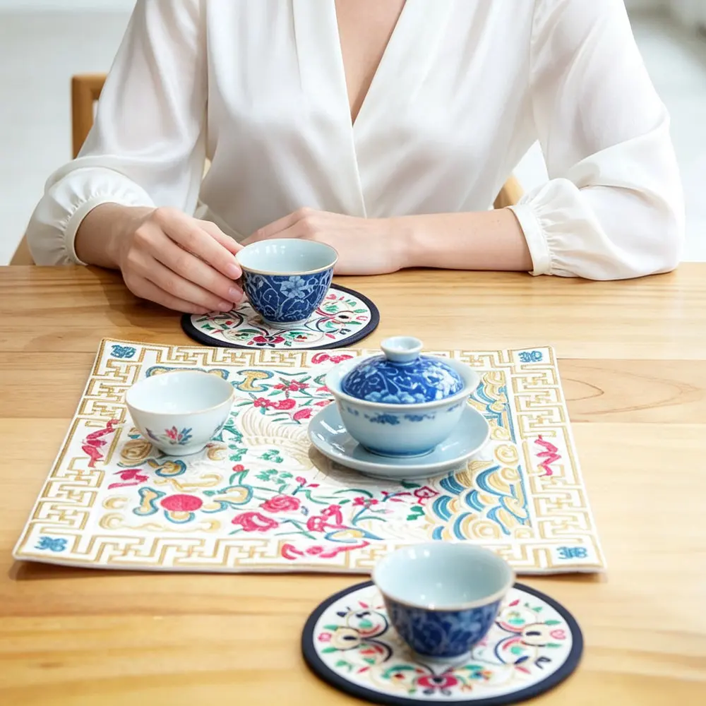 Embroidered Mandarin Square Tea Mat Set – Ancient Chinese Civil Rank Badge Motif, A Unique Heritage Accent for Your Tea Table