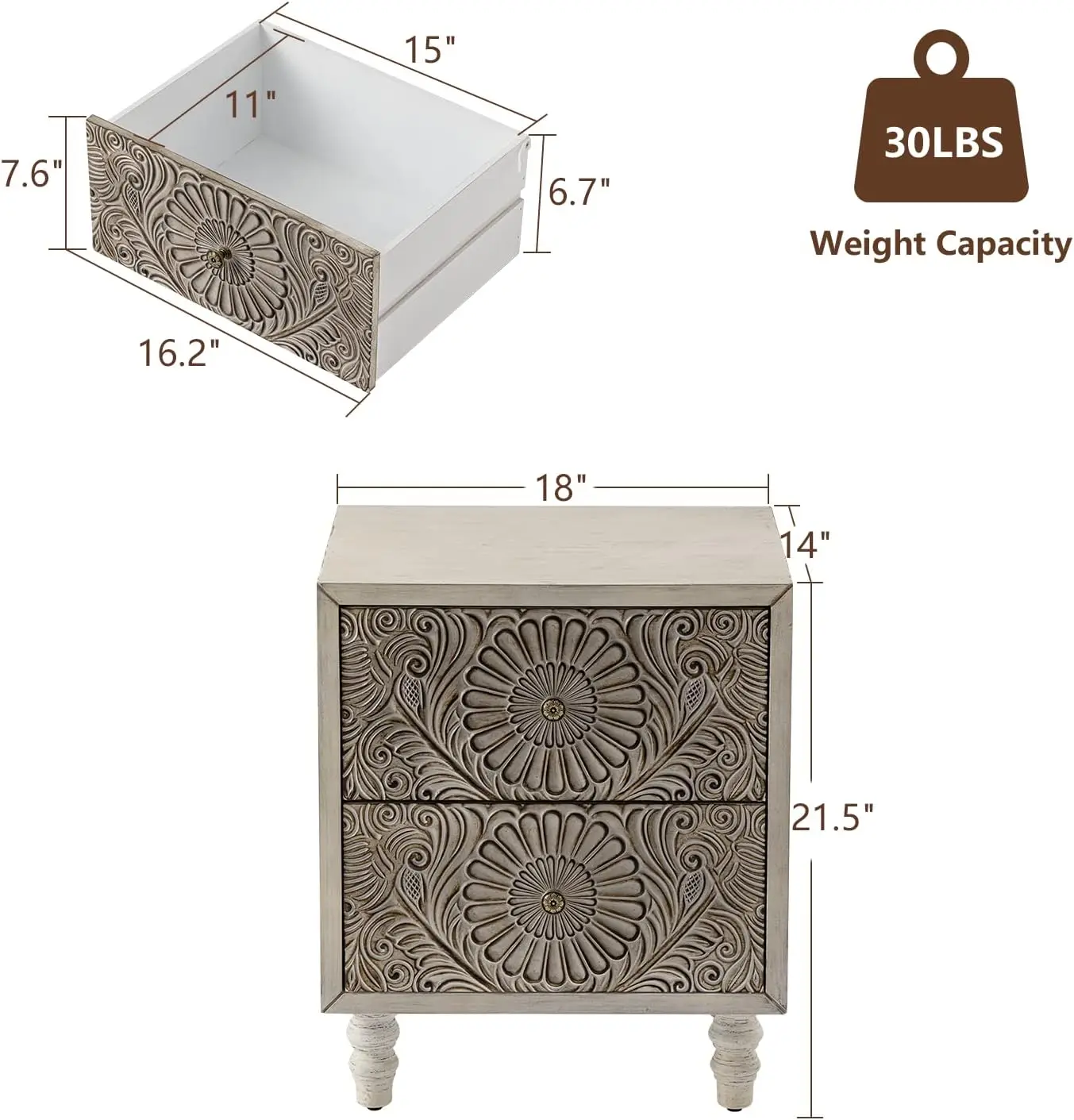 منضدة، طاولة نهاية MDF مقاس 14 بوصة عمق × 18 بوصة عرض × 21.5 بوصة مع درجين، طاولة بجانب السرير خشبية على الطراز العتيق، ملحقات غرفة النوم للمنزل
