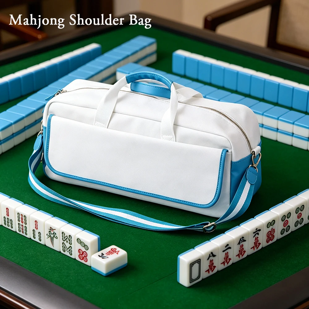 Large Capacity Mahjong Bag, Durable Canvas Mahjong Tile Carrier Tote for Full Set Mat Chips Dice,Portable Mahjong Case
