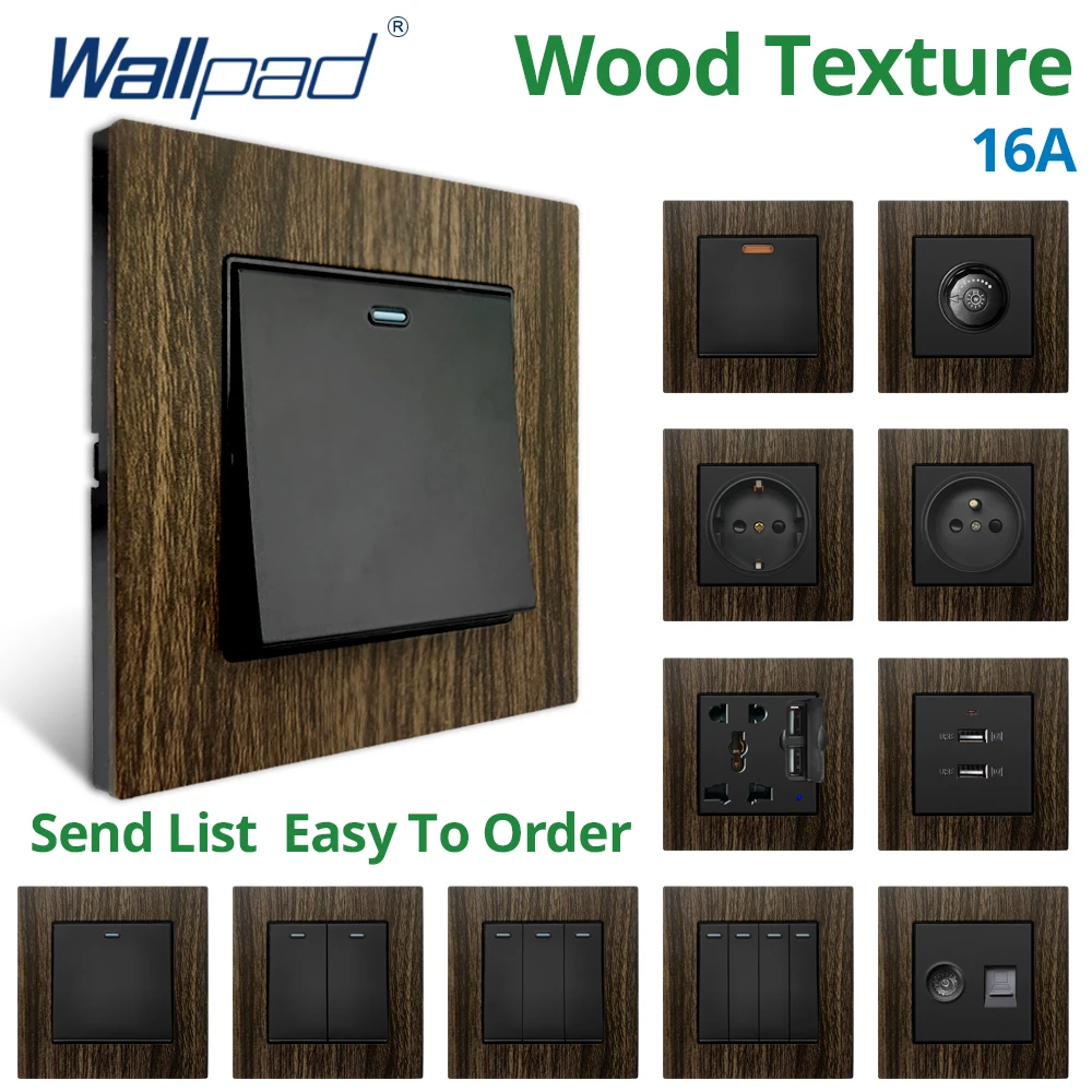 Wallpad-Panel de aleación de aluminio con textura de madera, enchufes e interruptores de la UE, atenuador LED de 1/2/3/4 entradas, 1/2 vías, 2 puertos USB de carga rápida, 220V