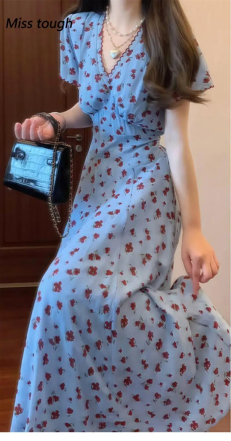 Vintage Floral Dress Women Elegant Lace Chiffon Korean Party Dress Puff Sleeve V Neck Midi Dress Fall Dresses for Women 2024