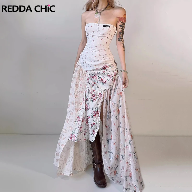 

ReddaChic Summer Floral Maxi Long Dress Women Aesthetic Print Off-shoulder Split Patchwork Corset Dress Beach Vintage Clothes