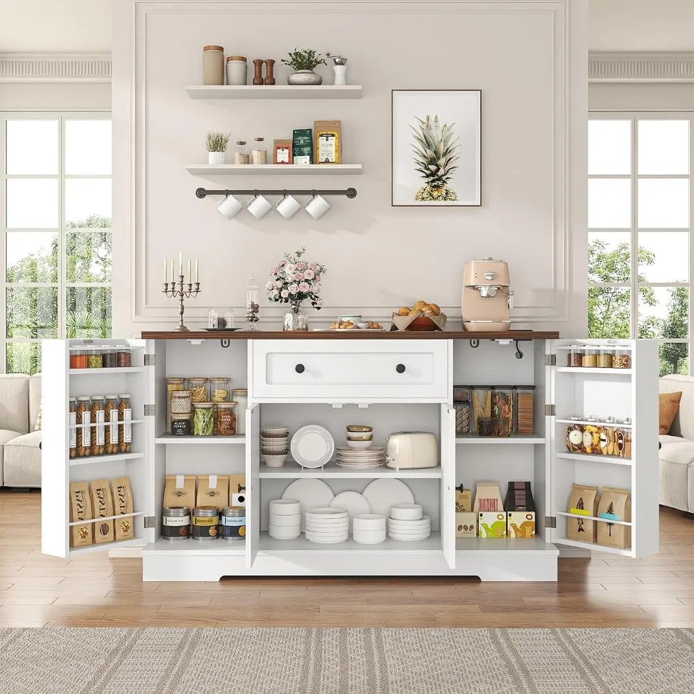Sideboard Buffet Cabinet, Modern Kitchen Coffee Bar Cabinet with Drawers & Charging Station, Storage Cabinet with Barn Doors,