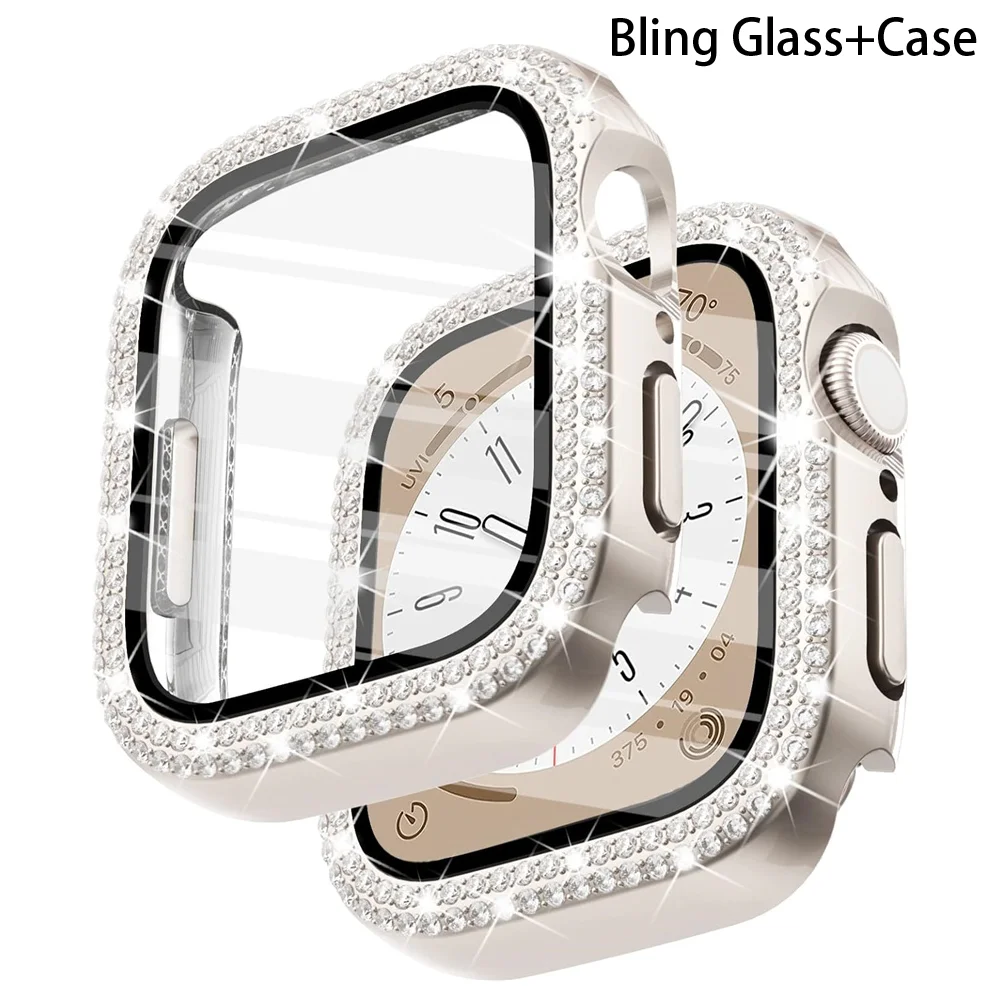 Bling Glass+Cover For Apple Watch Case 44mm 45mm 41mm 40mm 42mm 44 mm Diamond bumper+Screen Protector iwatch series 7 9 8 5 6 SE