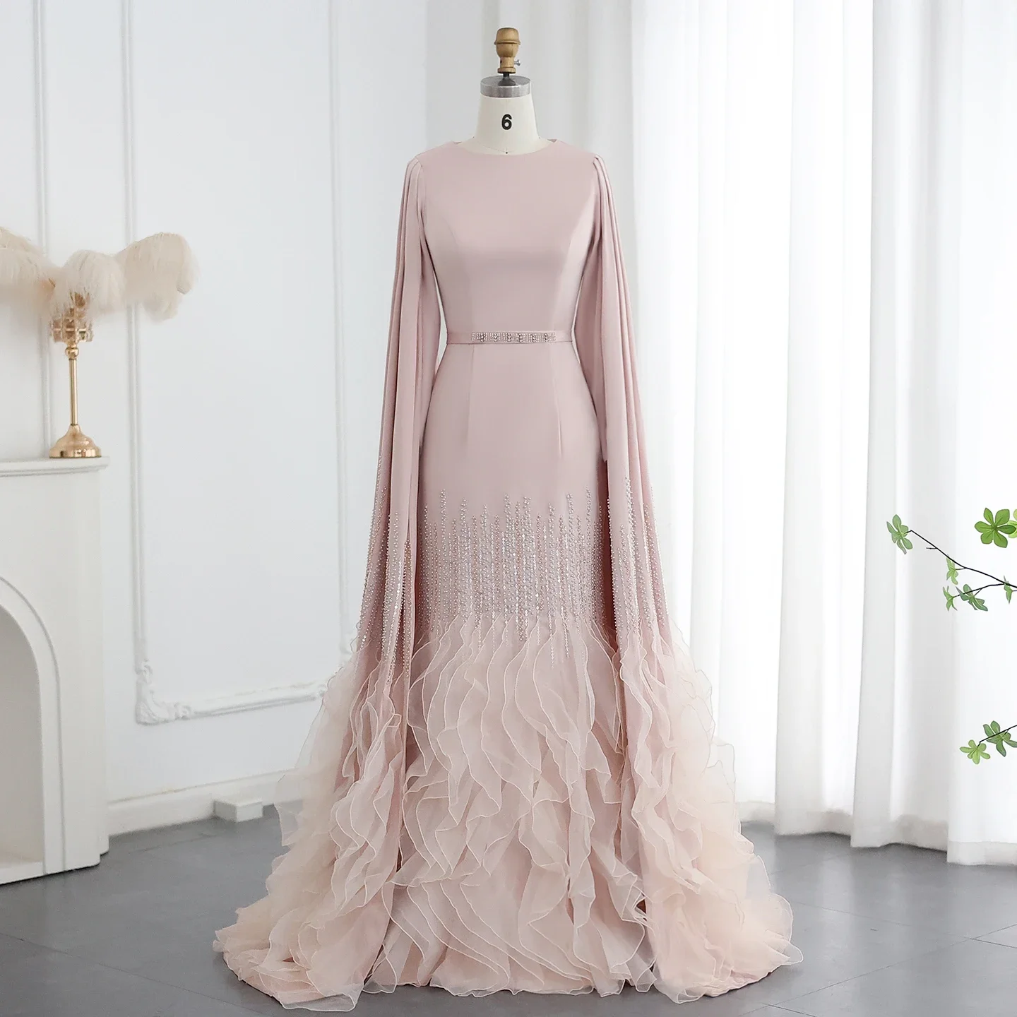 Elegant Mermaid Nude Evening Dresses with Cape Sleeves Luxury Dubai Tiered Ruffles Arabic Women Wedding Party GownsWedding Dress