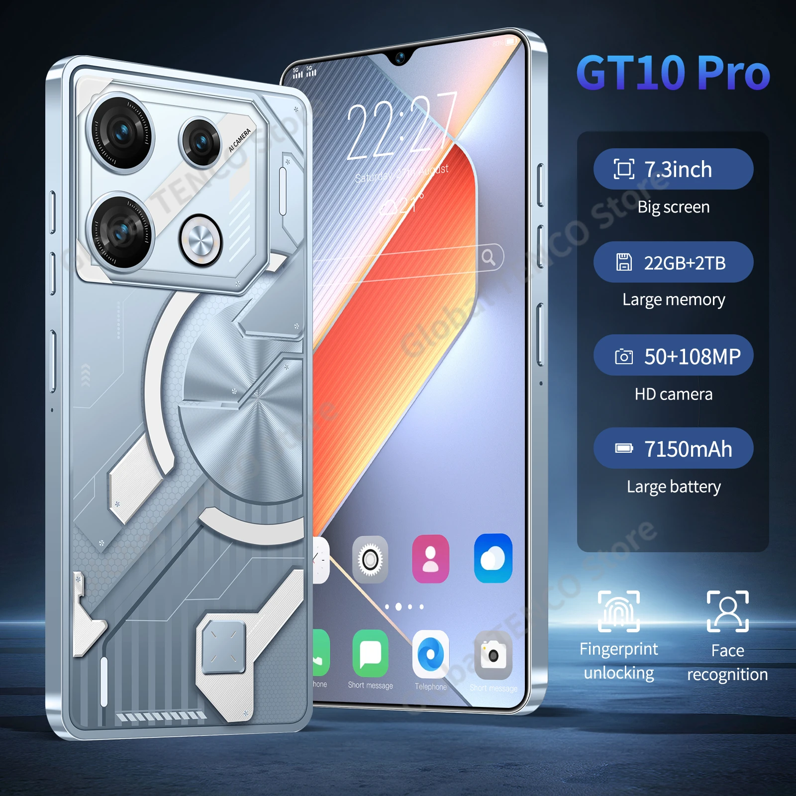 

Original Global Version GT10 Pro HD7.3 Screen smartphone android 16G+1T 5G Dual Sim Celulare Unlocked Cell Phone Teléfono móvil