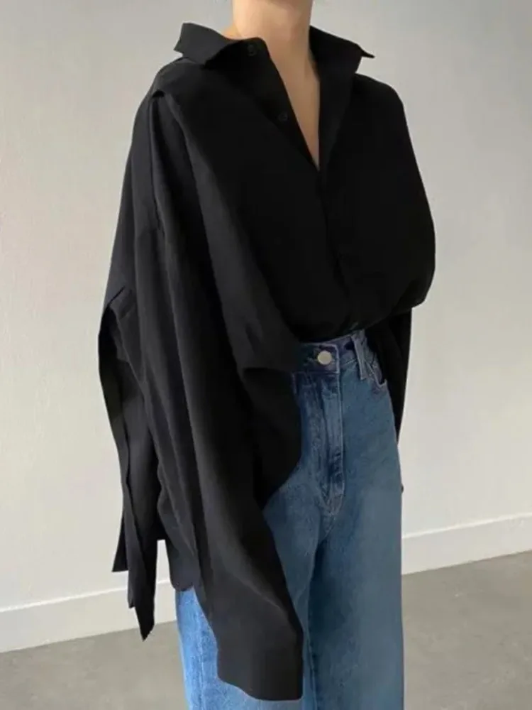 

Женская однотонная черная атласная блузка оверсайз с длинным рукавом, весна-лето 2026, элегантная офисная блузка с плиссированной спинкой и рубашка