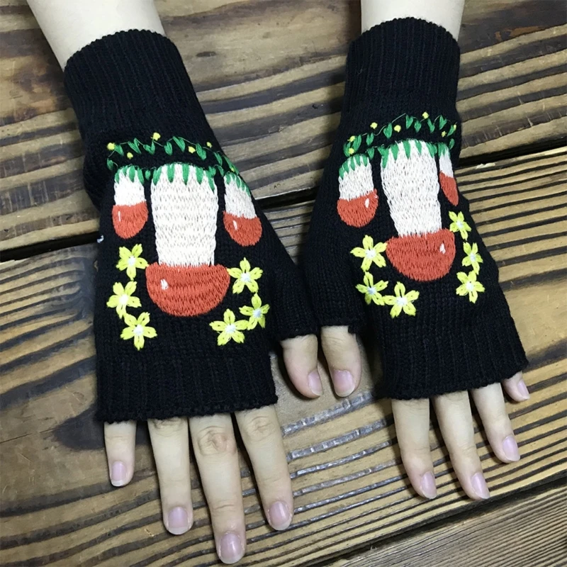 Winter Warm Gloves Stretchy Mittens Adult Knit Crochet Mushroom Half Finger Gloves Knit Gloves for Cold Weather