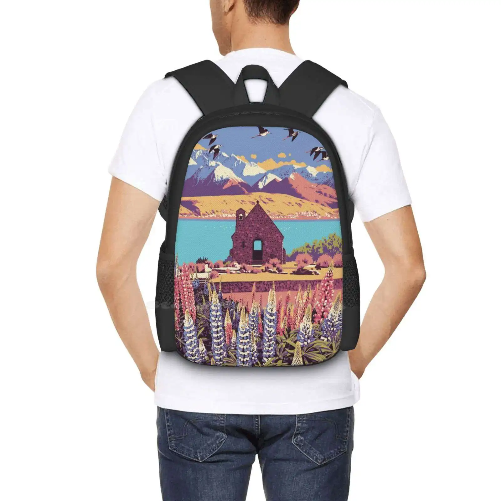 Lake Tekapo School Bag Big Capacity Backpack Laptop Tekapo Vintage Travel New Zealand Tourism Church Lake Country Colour Graphic