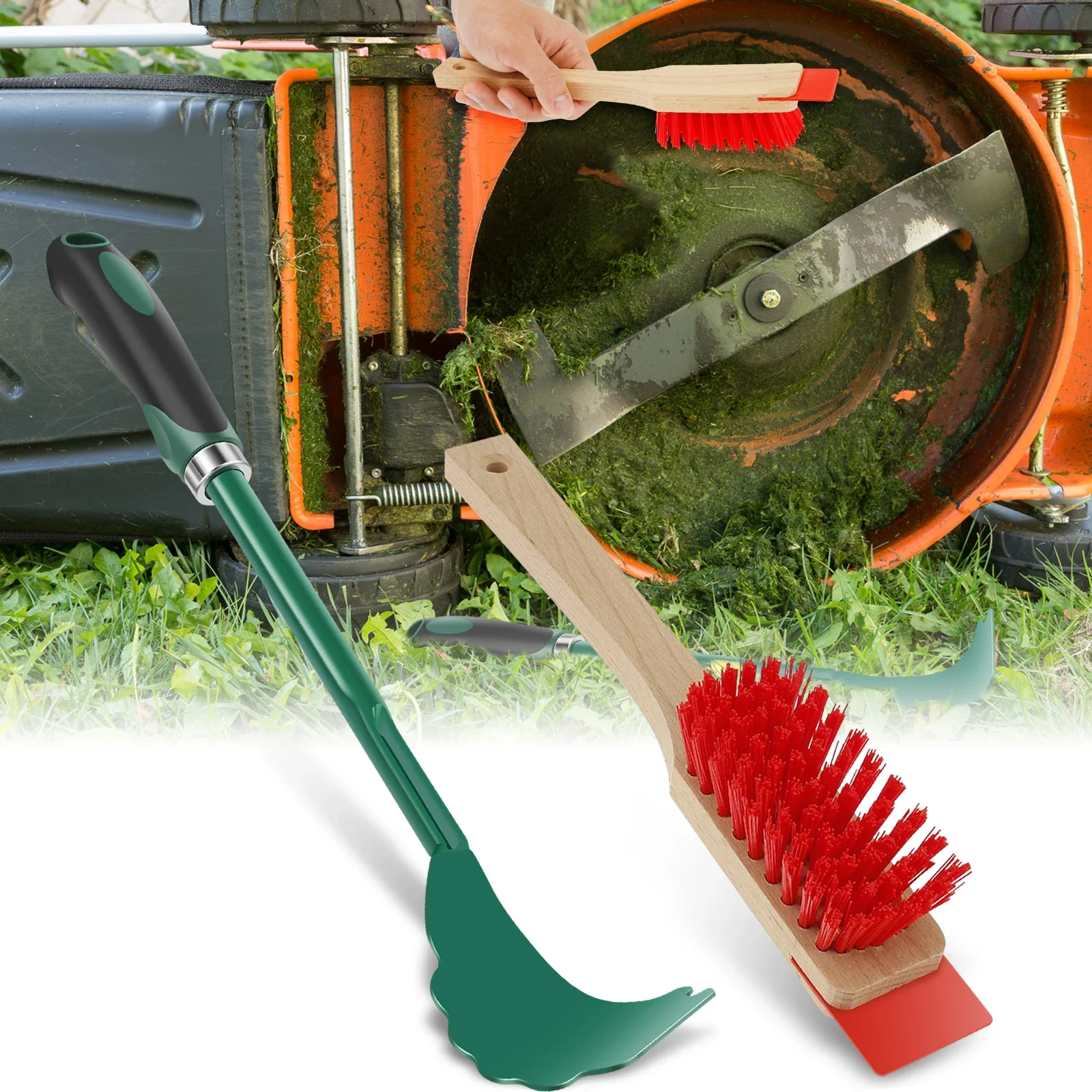 

Mower Deck Scraper Deck Cleaner Tool with Stiff Bristle Brush Lawn Mower Longhandle Maintenance Scraper Cleaning Tool for Garden