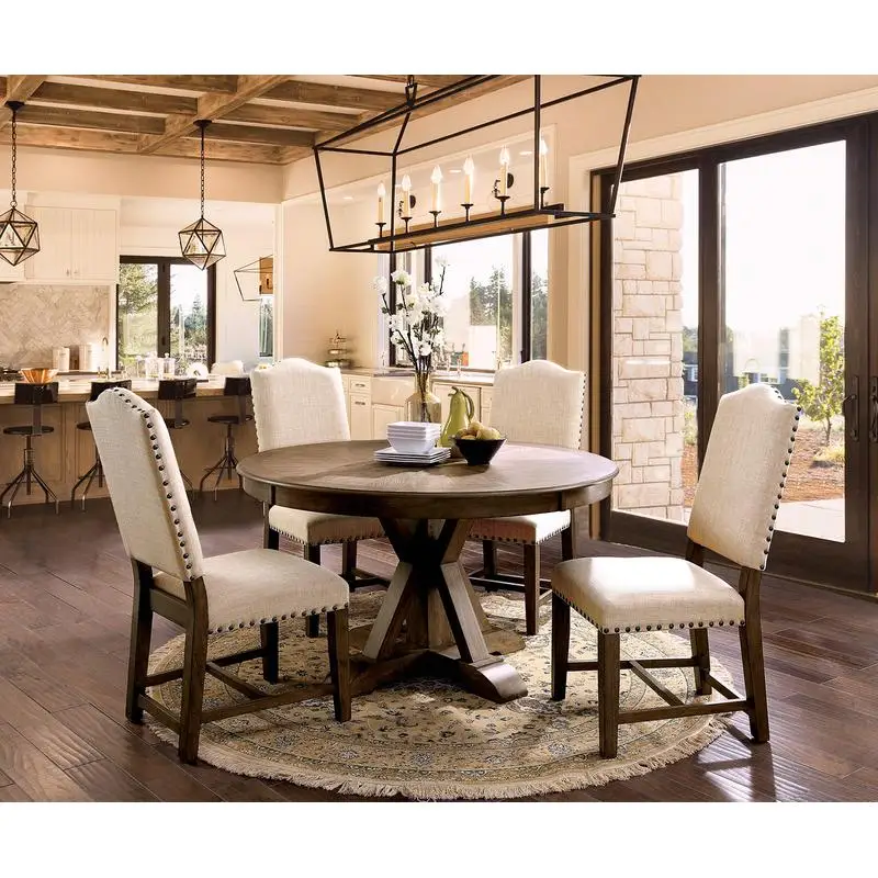 

5-Pc Round Dining Set with Light Oak Table & Beige Upholstered Chairs for Dining Room Furniture