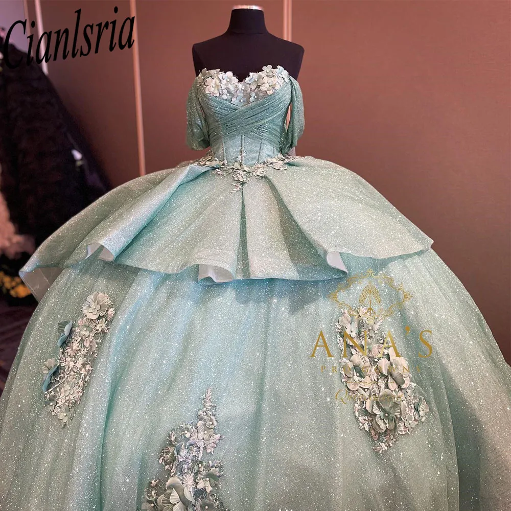 Quinceanera Dresses 3D Flowers Floral Appliques Lace Ball Gown Off The Shoulder Corset Vestidos De XV Anos