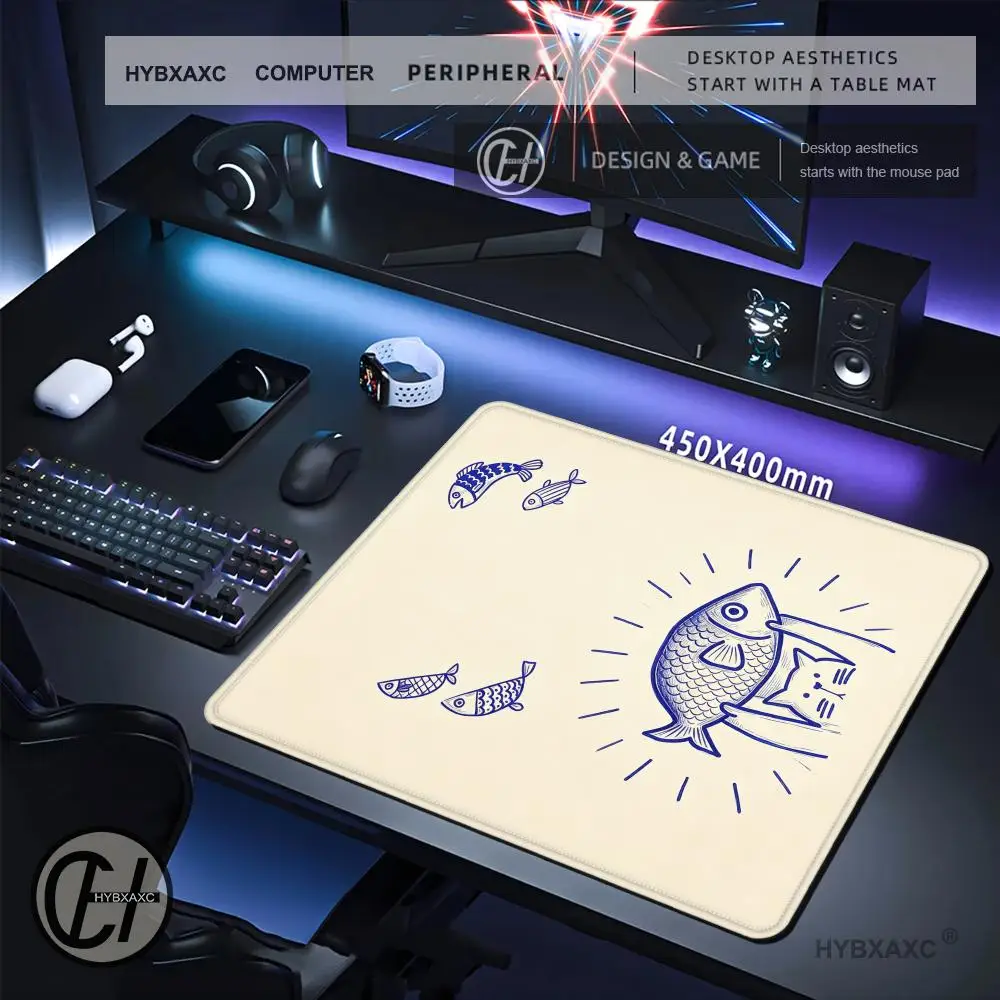 HYBXAXC  Large Blue Fish Art Desk Mat Small Mouse Pad Minimalist Line Drawing Ocean Theme Office Daily Office Work and Gaming