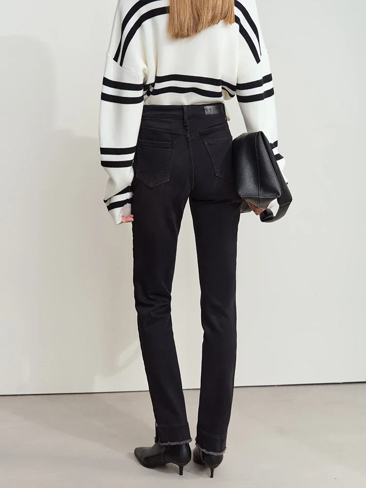 AMII Minimalist 2024 Winter New Women's Clothing Casual Rough Edge Polished Split Jeans Slim Narrow Feet Black Pants 12444148
