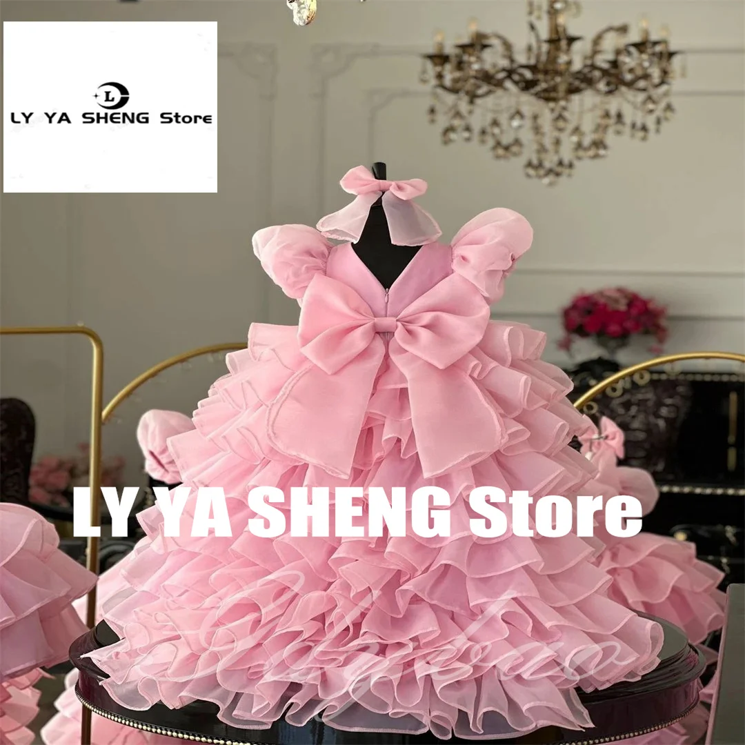 

Communion Layered Flower Girl Dress For Wedding Puffy With Tail Bow Short Sleeves Kids Baby Birthday First Communion Gown