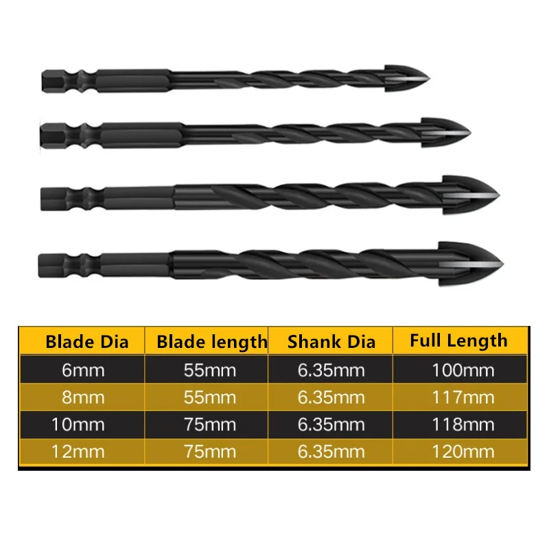 6mm/8mm/10mm/12mm Cross Hex Tile Carbide Drill Bits for Glass Ceramic Concrete Hole Saw Tile Carbide Triangle Bit Tool Kit