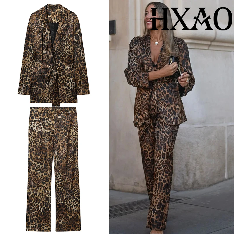 Hxao conjuntos de calças de leopardo 2 peças conjunto vintage longo blazer jaqueta conjunto de duas peças outono formal calças femininas terno cinto conjunto feminino