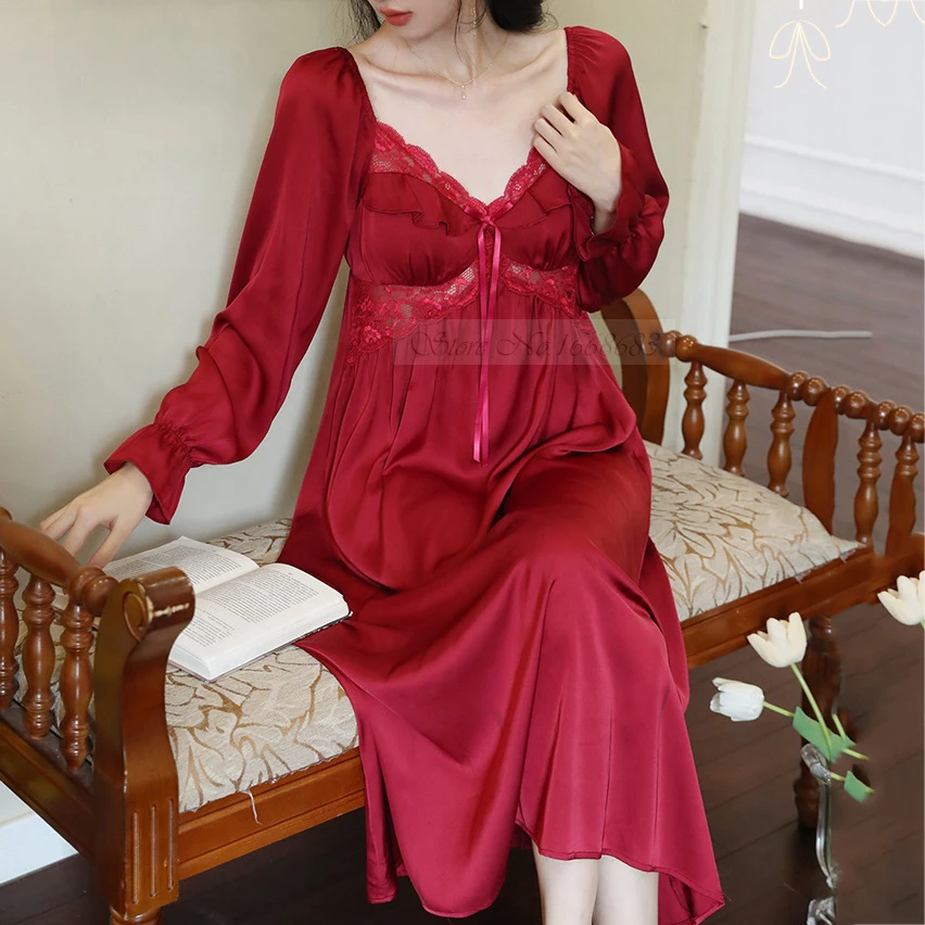 Female Long Nightgown Sleepwear Elegant French Princess Nightdress Sexy Patchwork Lace Bathrobe Nightwear Casual Satin Home Wear