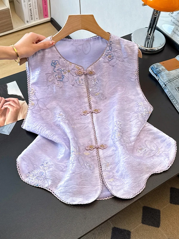 

New Chinese Style Embroidered Lace Trim Vest Women's Summer New Vintage Button up Shirt Elegant New Vest Jacket