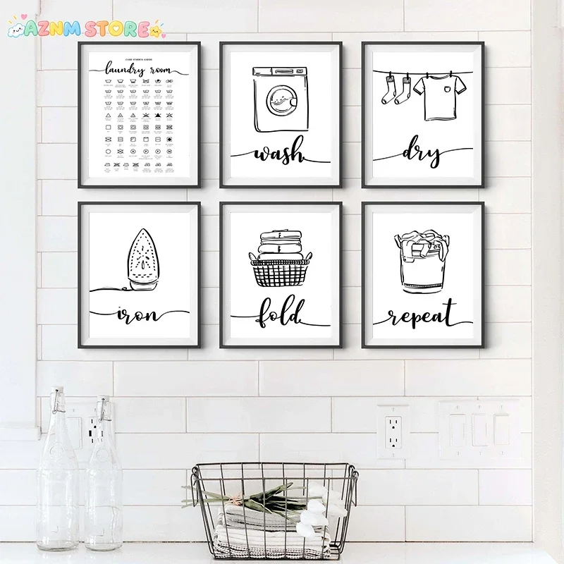 2027,Minimalist Black and White Stick Figure Wall Posters and Prints Canvas Painting Unframed Pictures for Laundry and Washro