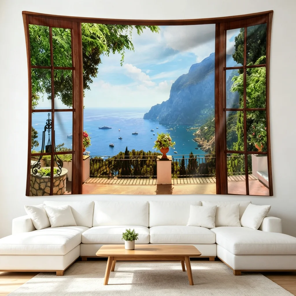 1PC Window Ocean View Print Backdrop Banner, Bedroom Living Room Photo Background, Polyester Wall Hanging, Home Decor, Wall Art