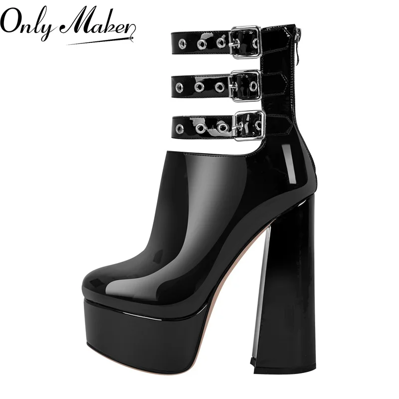 Onlymaker Women Platform Black Ankle Boots Patent Leather Round Toe Zipper Winter Punk Boots