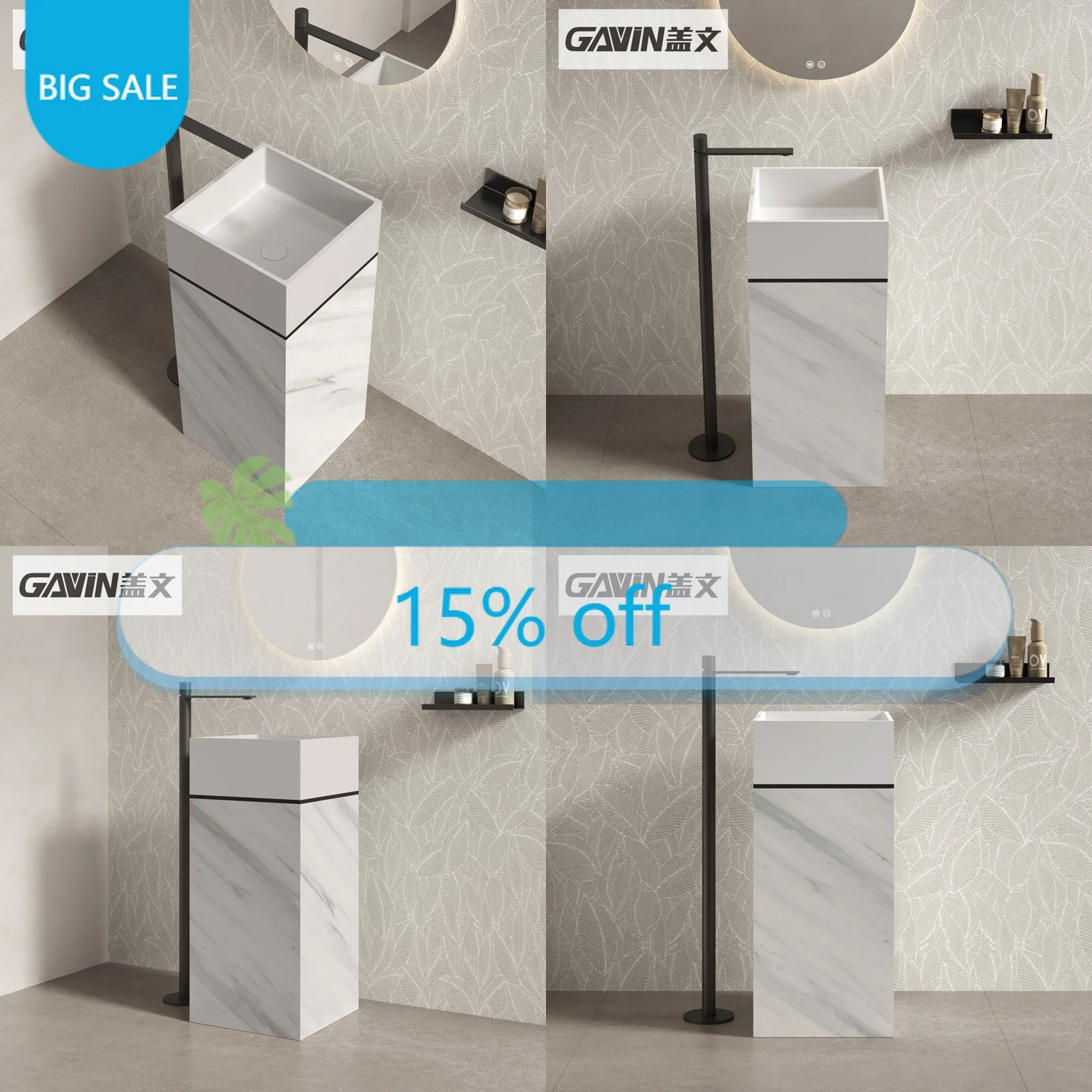 Th Gavin One-Piece Columnar Artificial Stone PMMA Washbasin Marble Grain Square Pedestal Sink For Hotel Home