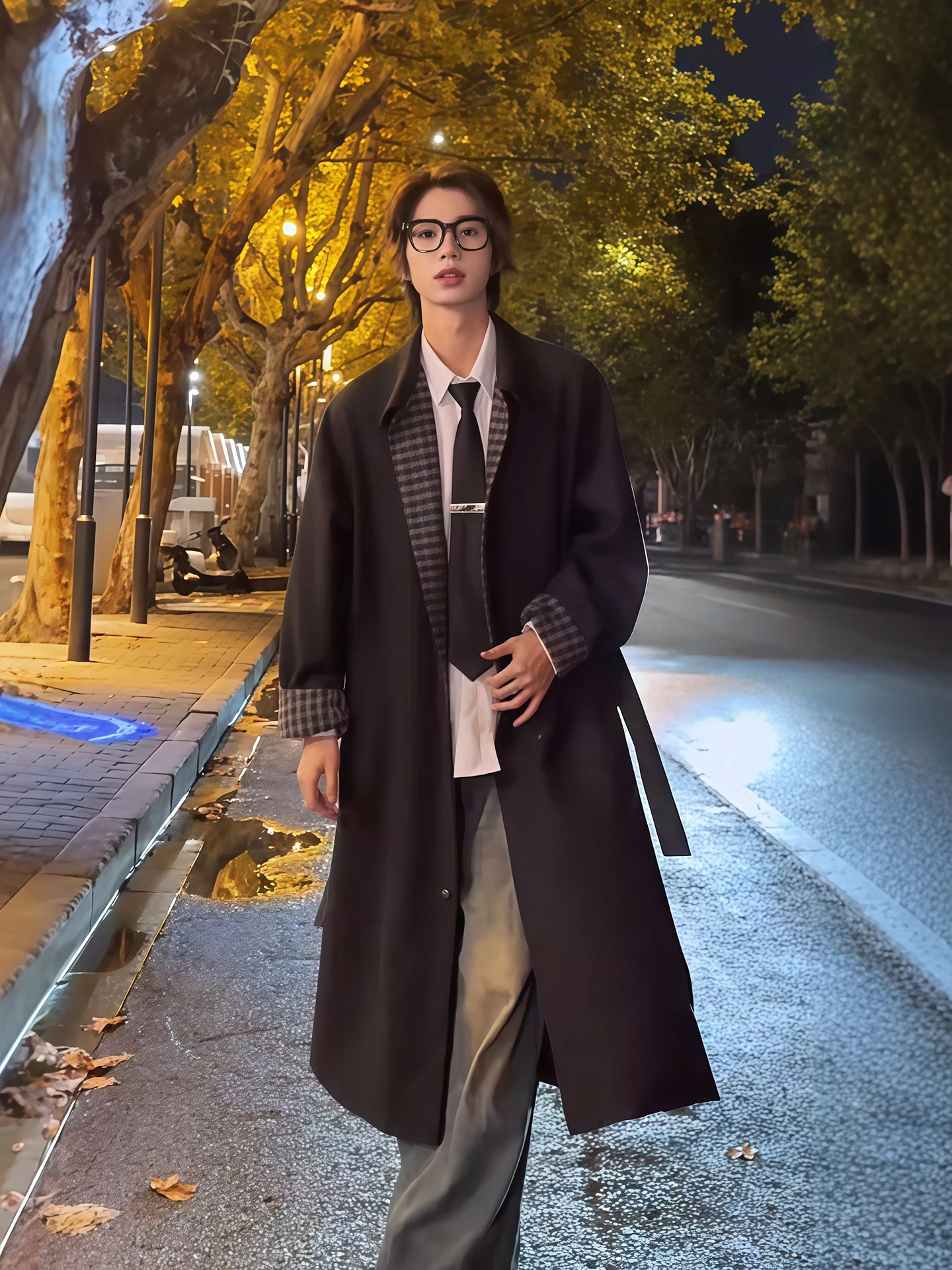 

Cleanfit Plaid Splicing Men's Windbreaker Jaet Autumn Faionable Briti Sle Midi Coat Loose Fit Youthful Trendy