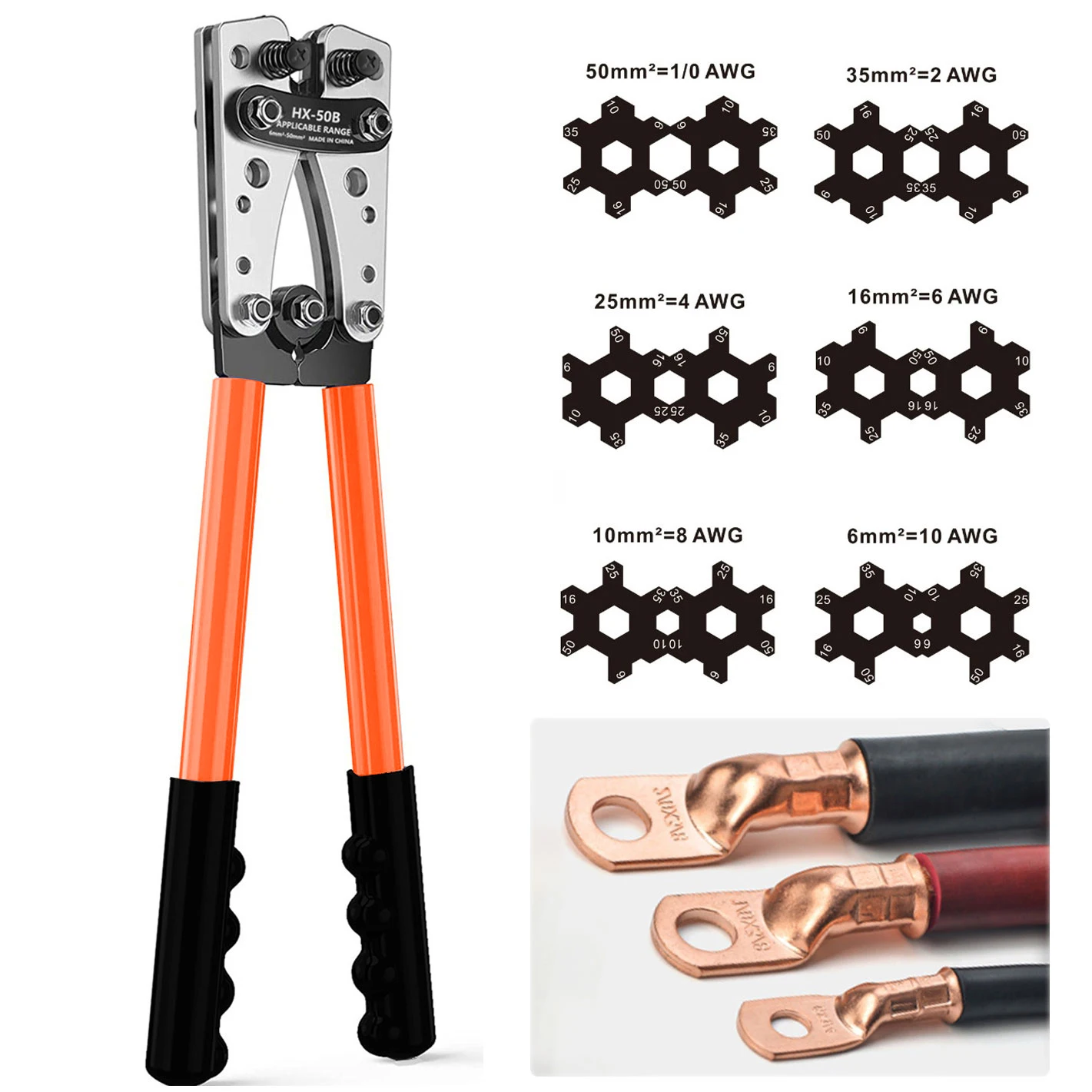 HX-50B Drahtcrimpzange 6-50mm²/AWG 10-1/0 Rohrklemmen-Crimper Sechskant-Crimpwerkzeug Batteriekabel-Ösenzange Handwerkzeug Crimpzange – Detail 5