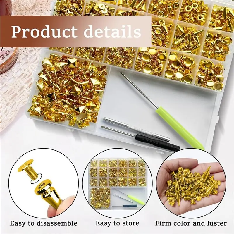 AB42-700Pcs Metal Punk Spikes And Studs Pyramid Round Kit (Gold) Suitable For Clothes DIY Leather Crafts Bags Shoes Belts