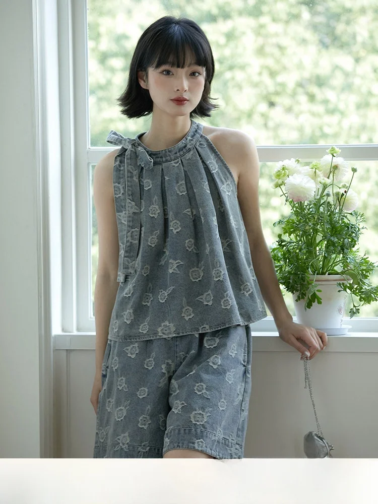 

Летний джинсовый комплект с узлом: женский свободный комплект из двух предметов с эластичной талией, шорты, хлопок/полиэстер