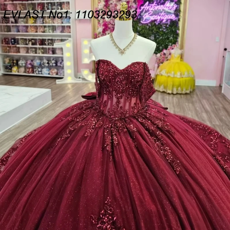 EVLAST ที่กําหนดเองหรูหรา Burgundy Ball ชุด Quinceanera ชุด Applique คริสตัลลูกปัดหวาน 16 Vestidos De 15 Anos E1QN129