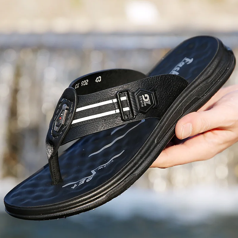 

Big Size Leather Slippers for Men 2025 Summer New Designer Flip Flops Male Fashion Casual Outwear Beach Slipper Shoes Man