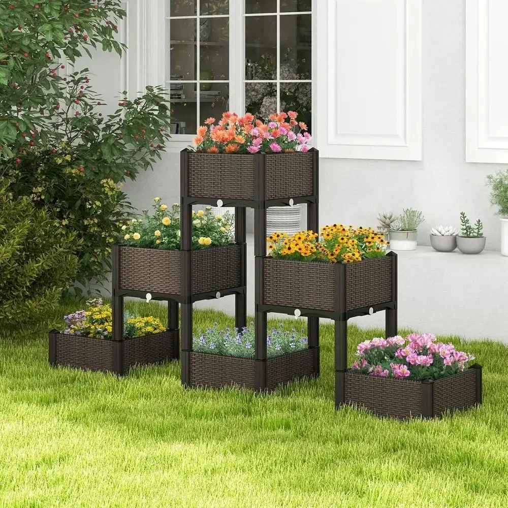 6-Piece Outdoor Raised Garden Bed Set with Removable Legs, Self-Watering System, and Drainage Holes for Growing Vegetables, Frui