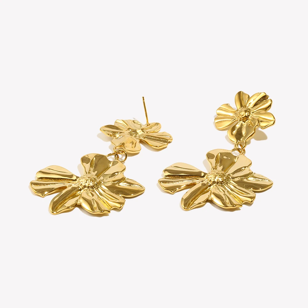 E.B.belle Two Flower Stitching Drop Earrings Waterproof Tarnish Free 316L Stainless Steel Decoration 18K Gold Plated Jewelry