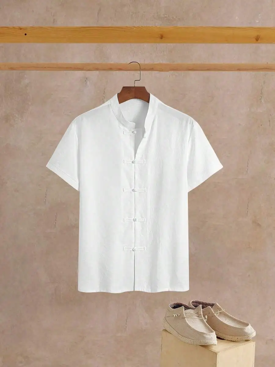 GOLDREDY Men's New Chinese Style Stand Collar Shirt, Solid Color Minimalist Business Casual Short Sleeve Shirt