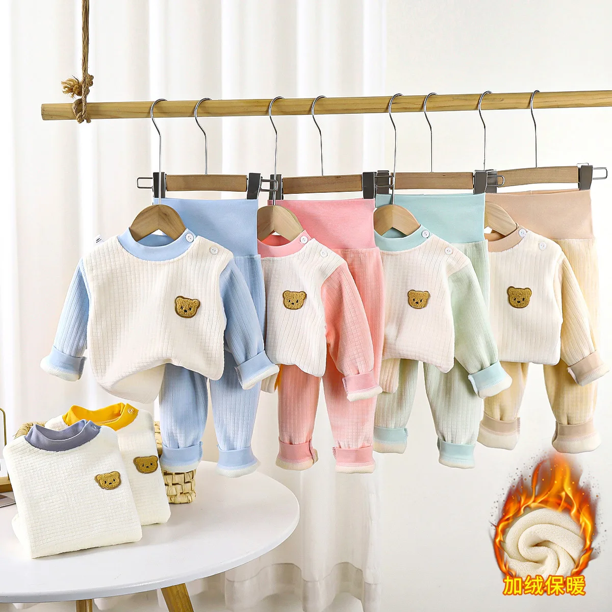 

Children's Warm Set Boys Padded Pajamas Suit Baby Autumn Winter Thick Outfits Baby Cotton Top High Waist Pants 2PCS Clothing