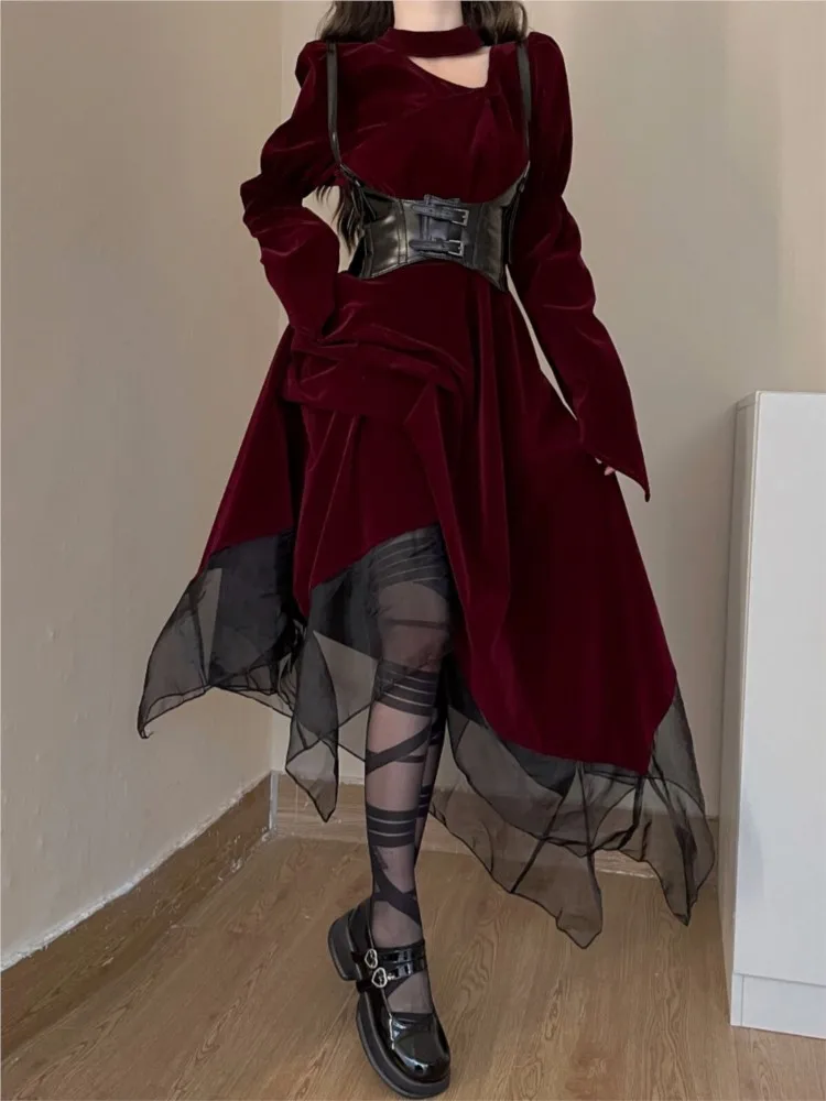 A new cool and stylish off-the-beaten-path design red velvet waist-cinching dress