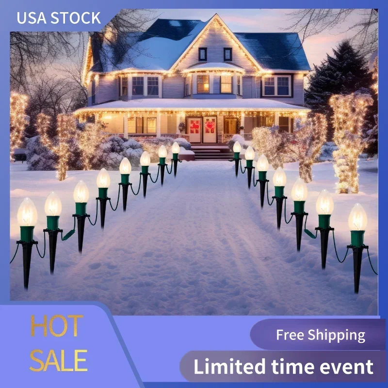 

30.75ft 24 Warm White Christmas C9 Pathway Marker String Lights with Stakes For Yard Garden Decor,Christmas Party,Holiday Decor